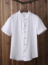 Mens Retro Button Linen Short Sleeve Shirts SKUA81984